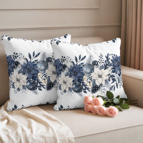 Outdoor Waterproof Throw Pillow Cover Winter Christmas Blooming Floral Decorative Pillow Covers 18x18inch Set of 2 Pillows Case, Poinsettia Flower Leaf Berry Cushion Cases for Sofa Couch Patio Garden