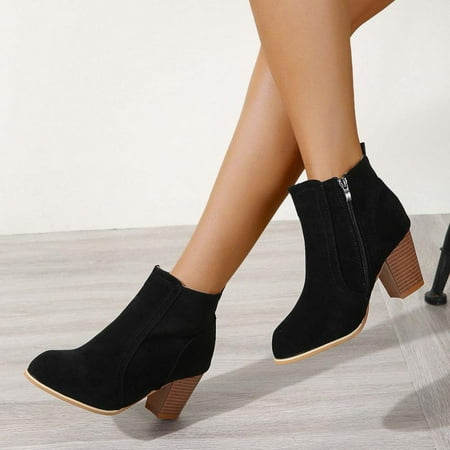 

Tdoqot Womens Martin Boots- Fall Winter Solid Flock Boots Chunky Heel High-Heels Short Boots Round-Toe Side Zipper Boots Black 38