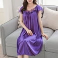 thumbnail image 7 of Fartey Women's Ice Silk Nightdress Elegant Lace Ruffles V Neck Nightgown Soft Comfy Cap Sleeve Sleepwear Loose Flowy Solid Color Loungewear Purple L, 7 of 7