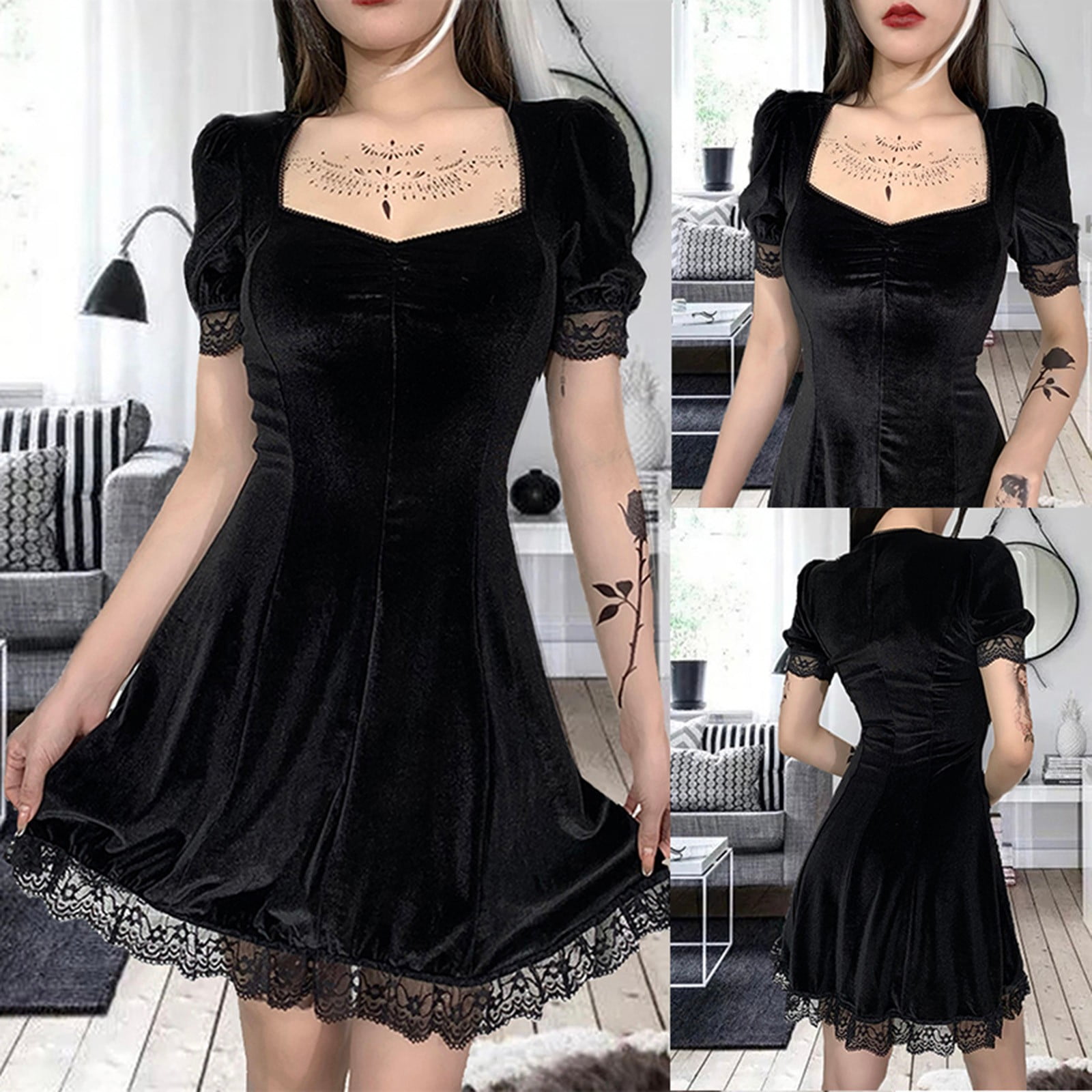forbrydelse overskud valgfri Mortilo Women Gothic Sexy High Waist Suede Square Neck Lace Trim Black Mini  Dress - Walmart.com