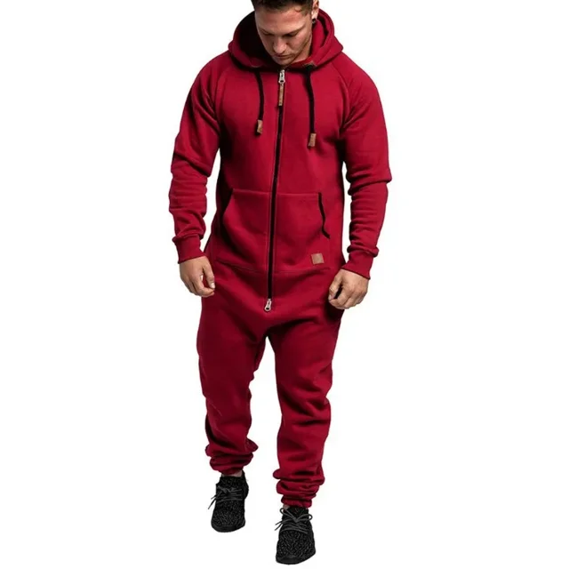 Mens Solid Long Sleeve Hooded Jumpsuit with Zipper Pockets Autumn Winter Casual