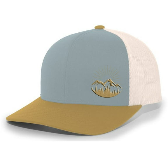 Men's Scenic Mountain Outdoors Woodland Embroidered Mesh Back Trucker Hat, Smoke Blue/Amber/Beige