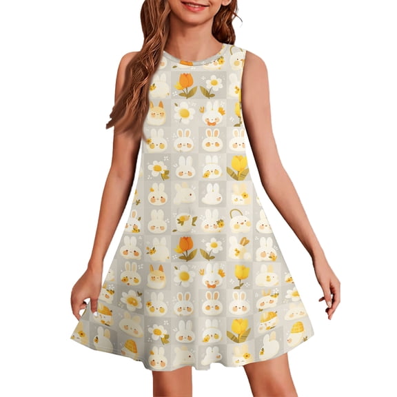 LTTVQM Easter Dresses for Girls 2026 Bunny Egg Print Happy Sleeveless Sundress Casual Crew Neck Midi Dress Lightweight A-Line Dresses Beige 11-12 Years