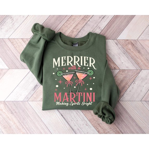 Merrier With A Martini Sweatshirt, Funny Christmas Cocktail Tee, Holiday Drinking Shirt, Festive Martini, Xmas Party,Xmas Long Sleeve Gift