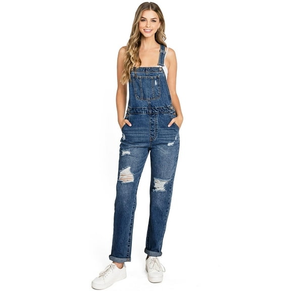 Wax Jean Womens 90s Retro Straight Leg Ripped Denim Overalls (S, Dark)