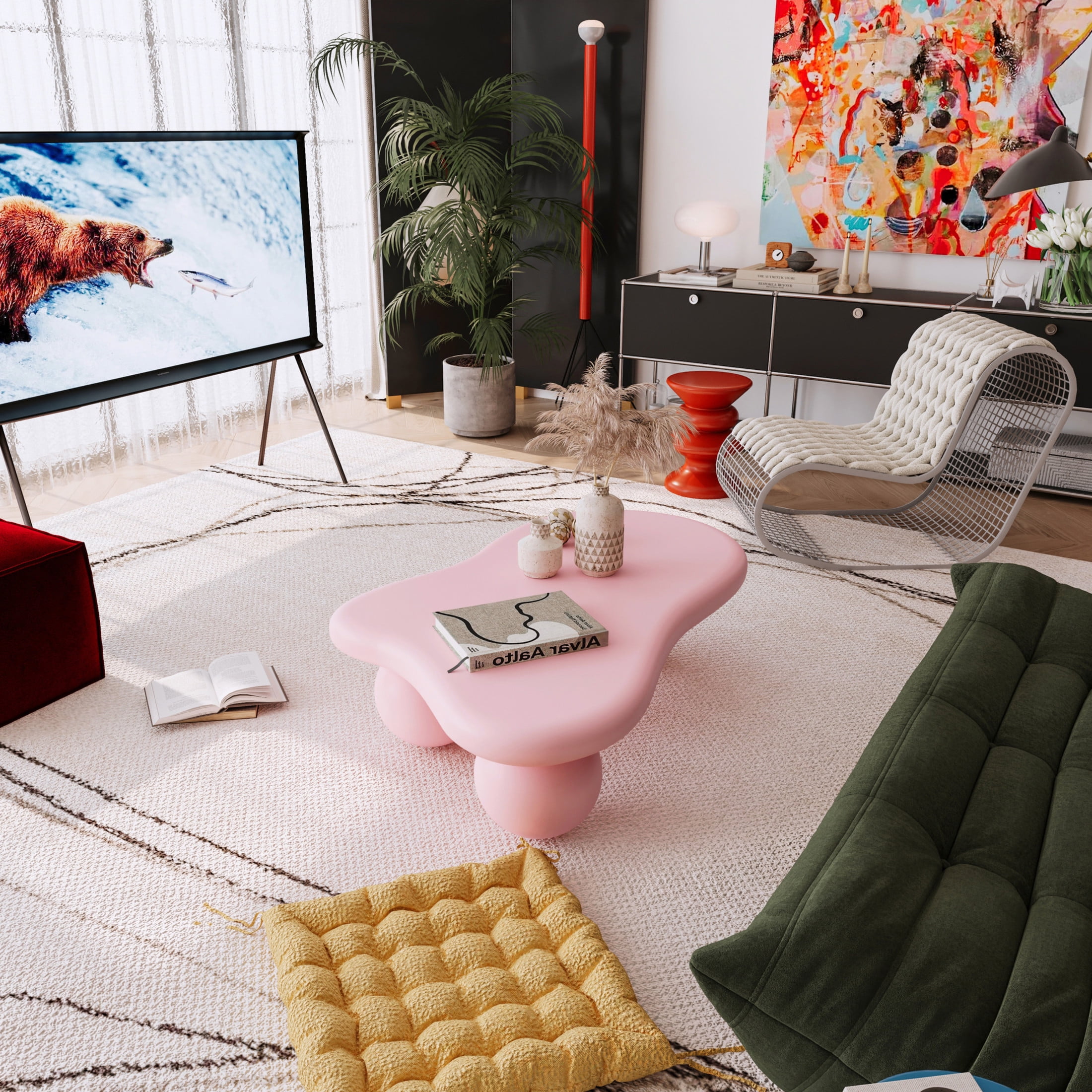 Noble House 47" Cloud Shaped Coffee Table with Ball Legs, Modern Aesthetic Accent Table for Living Room, Pink