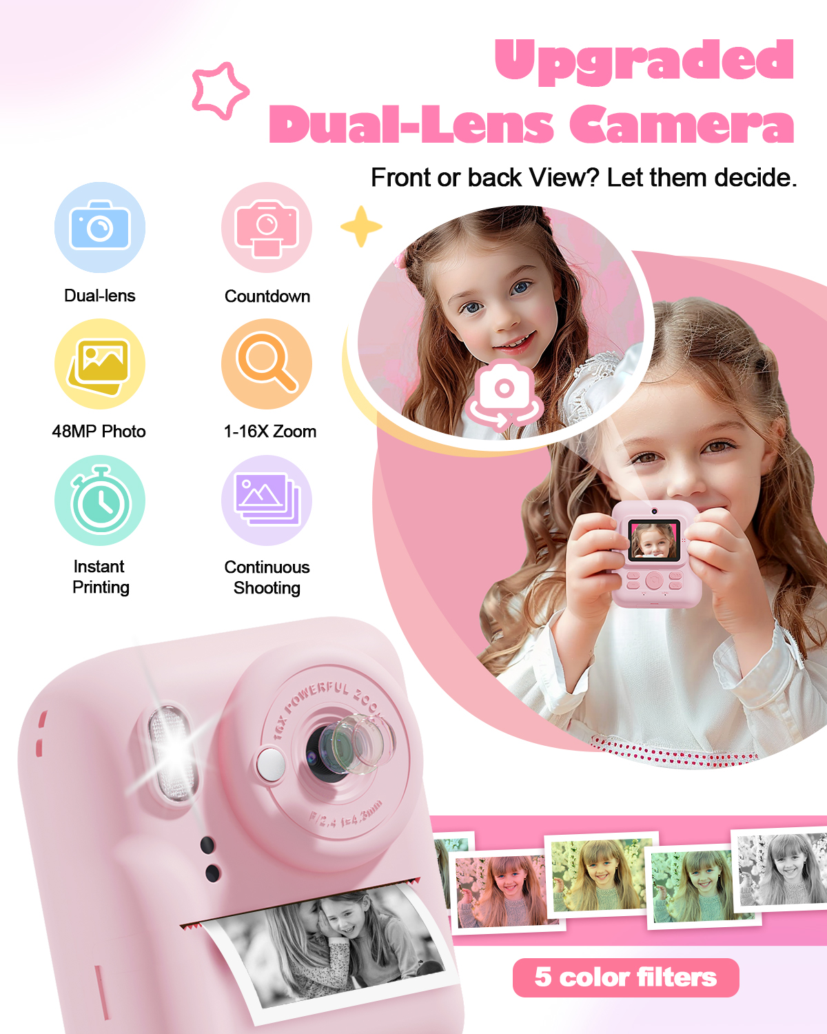 Seckton Dual-Lens Kids Instant Print Camera 1080P Pink photo 2