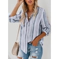 thumbnail image 4 of QWZNDZGR Womens V Neck Striped Roll up Sleeve Button Down Blouses Top, 4 of 5