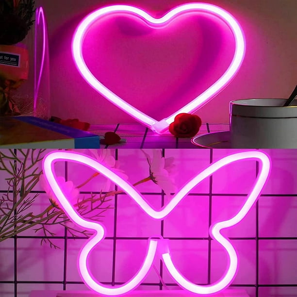 Letrero de neón de corazón rosa y mariposa rosa, luz de neón LED alimentada por batería o USB para fiesta, lámpara de decoración del hogar, luz de decoración de mesa y pared Fo