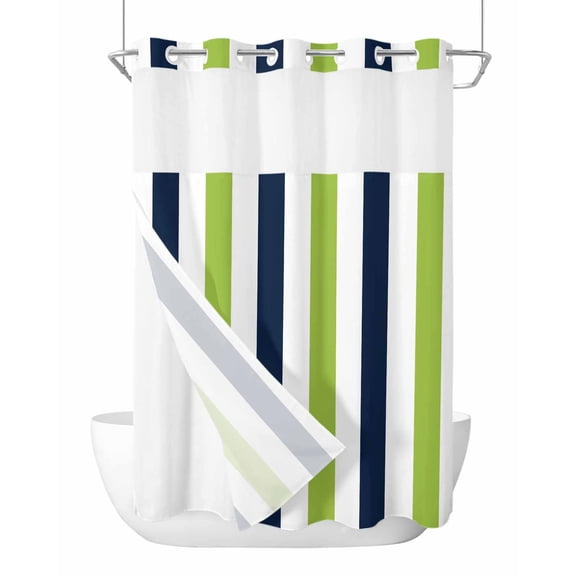 No Hook Cloth Fabric Shower Curtain with Snap in Liner, Green Navy Blue Striped Waterproof Shower Curtains Set with See Through Top Window, Farmhouse Stripe Art Bath Curtains Shower 72"x84"