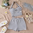 thumbnail image 6 of Girls 2 Piece Summer Outfit Striped Halter Crop Top & Elastic Waist Shorts Casual Breathable Clothes for Kids White Size 8-, 6 of 8