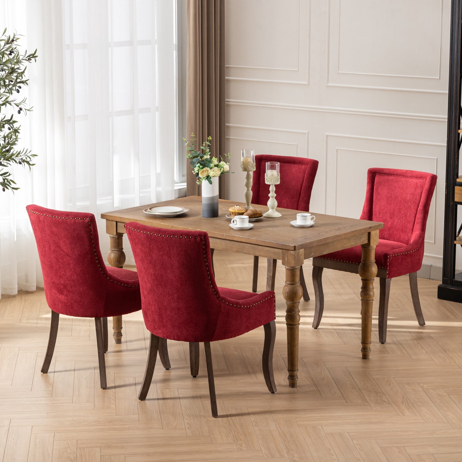 Gewnee Set of 2 Side Dining Chairs, Fabric Upholstered High Back Dining Table Chairs with Solid Wood Legs for Dining Room & Kitchen,Burgundy