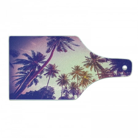 

Palm Tree Cutting Board Coconut Trees at Peaceful Sunset Dreamy Tropical Island Jungle Vintage Effect Tempered Glass Cutting and Serving Board Wine Bottle Shape Multicolor by Ambesonne