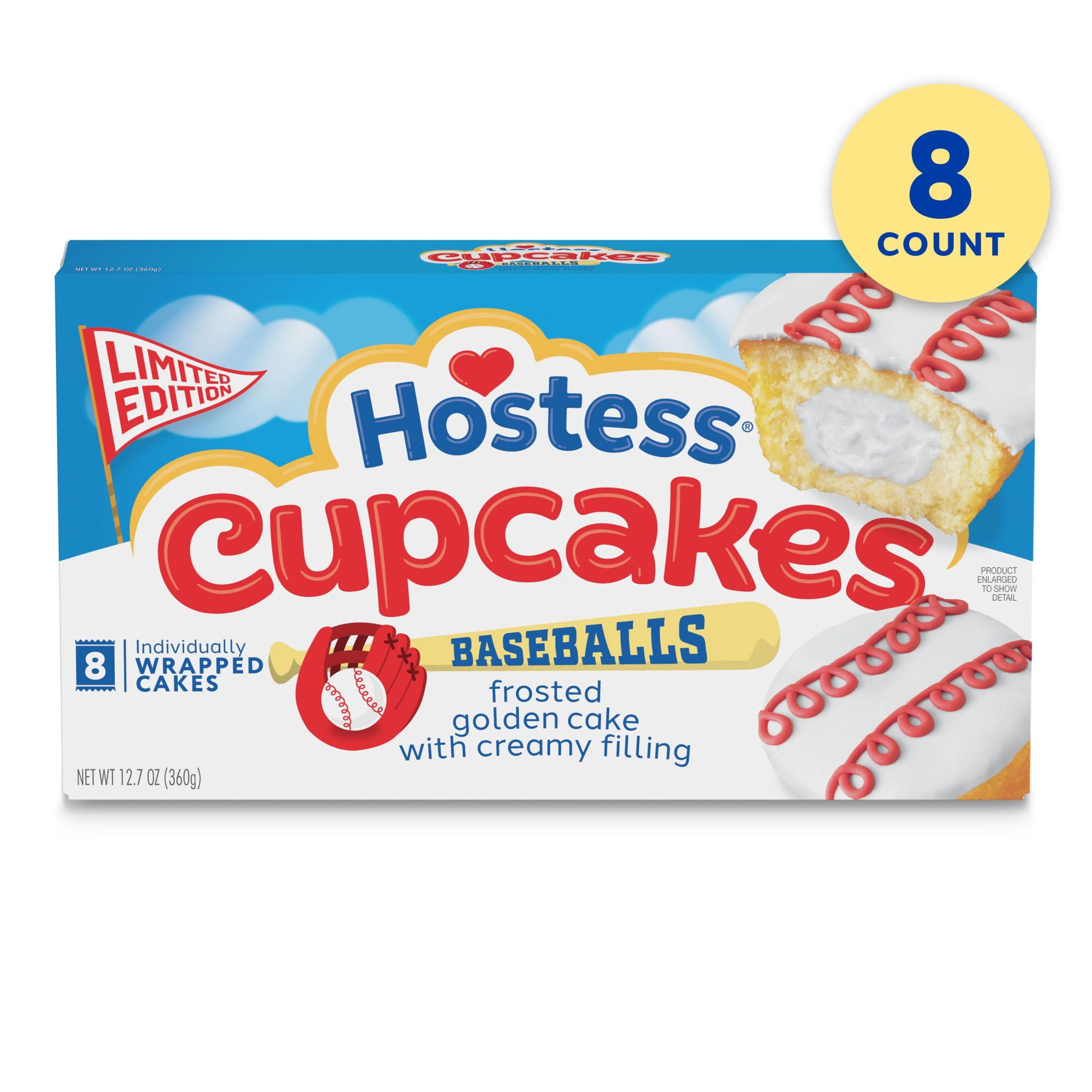 Hostess Cupcakes Baseballs, Limited Edition Frosted Golden Snack Cakes, 12.7 oz Box (8 Cupcakes)