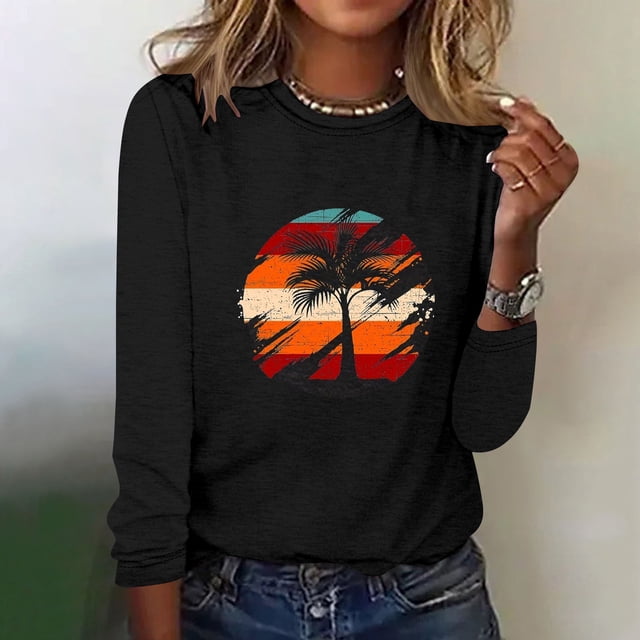 EQWLJWE Chemises à Manches Longues pour Femmes Mode d'Entraînement Printemps Imprimé Manches Longues Col Rond Tee Décontracté Hauts Vêtements d'Automne pour Femmes