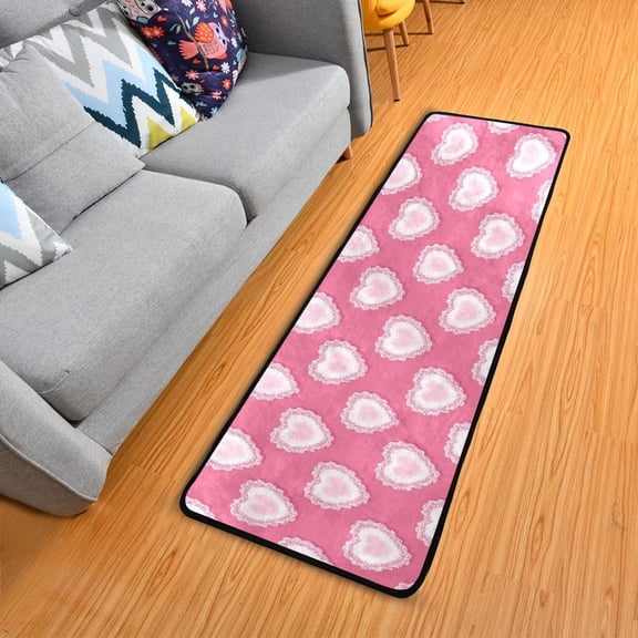 Pink Valentine Hearts with Lace Long Floor Mat Runner Rug Area Rug Carpet Water Absorbent Non-Slip 72" x 24"