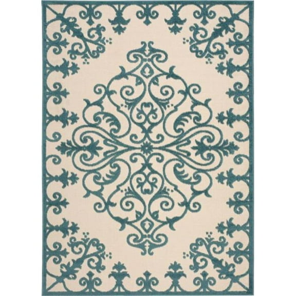 10' X 13' Aqua Damask Non Skid Indoor Outdoor Area Rug