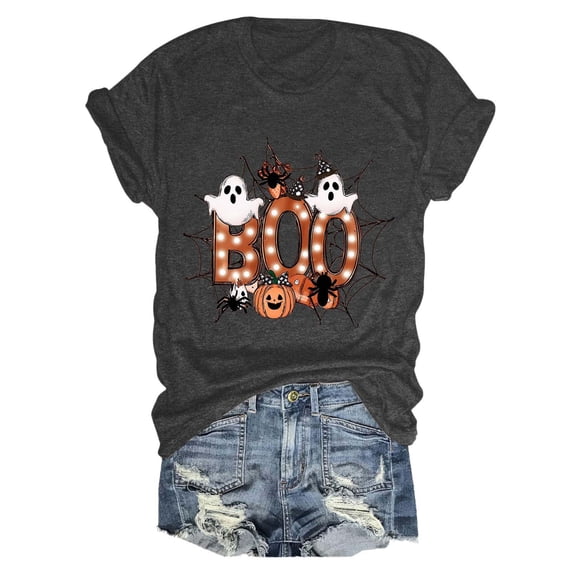 Akiihool Womens Halloween Shirts Women Fall Halloween Crew Neck Shirt Casual Tee Season Family Party Celebration Short Sleeve Tee Pumpkin Top Holiday Stretchable Soft (Grey,2XL)