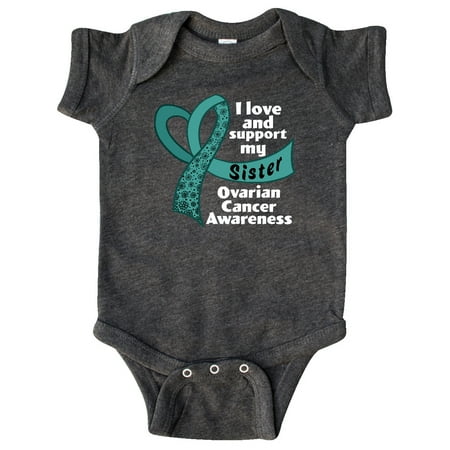 

Inktastic I Love And Support My Sister Ovarian Cancer Awareness Gift Baby Boy or Baby Girl Bodysuit
