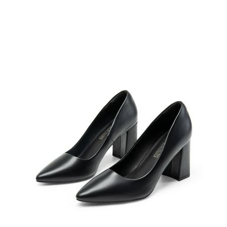 Burudani Women s High Chunky Heel Pump Closed Toe Block Heels Slip On Dress Pumps Shoes BLACK Size 7.5