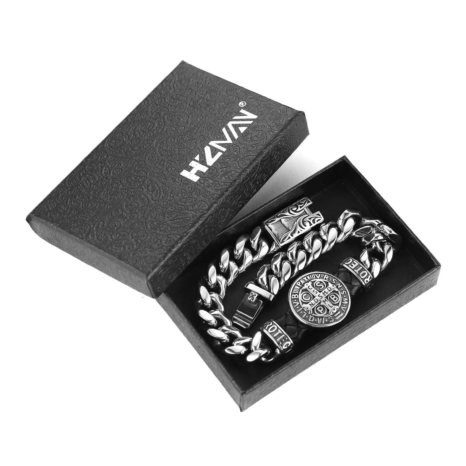 HZMAN 8.5Inch Cuban Chain Bracelet Classic Heavy Stainless Steel Bracelet for Men Biker St Benedict Cross Medal Link Bracelet Jewelry Gift