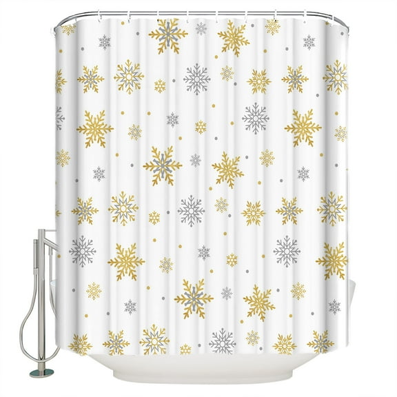 Christmas Gold Shower Curtain, 60" x 72", and Grey Snowflake White Waterproof Bathroom Curtain Washable Shower Curtain Set with 12 Hooks