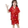 thumbnail image 3 of Girls Pajamas 3Pcs Satin Button Down Pjs Short Sleeve Top Shorts & Long Pants Cute Patterns Valentine's Day Pajama Outfit with Pockets Silky Nightwear Nighty for Teens, 3 of 7