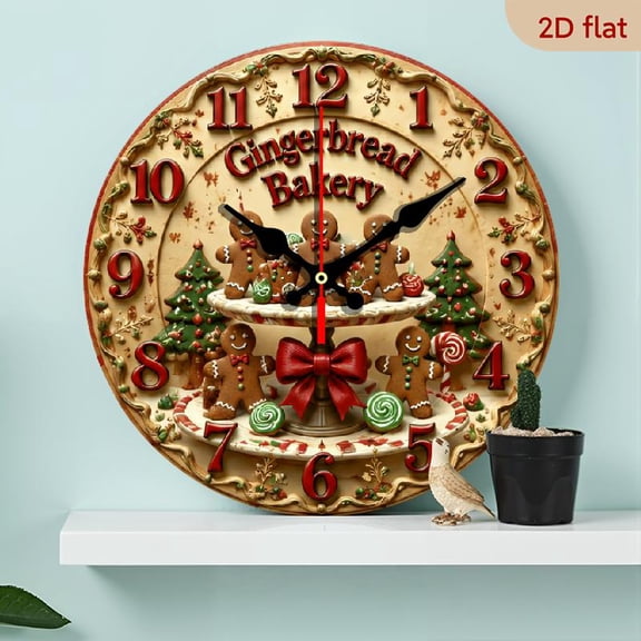 10 Inch Gingerbread Shop Wooden Wall Clock - Battery Operated Silent Movement, Decorative Round Holiday Sign for Living Room, Restaurant