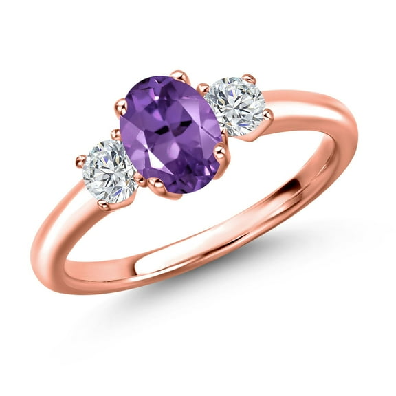 Gem Stone King 18K Rose Gold Plated Silver Purple Amethyst and Lab Grown Diamond Engagement Ring for Women | 1.09 Cttw | Oval 7X5MM | Gemstone February Birthstone | Size 7