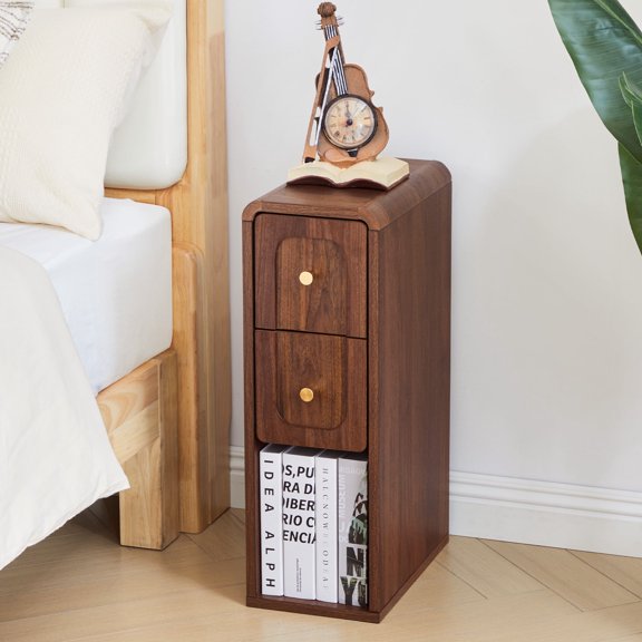 Wirrytor Mid-Century Modern Narrow Nightstand with 2 Drawers for Bedroom, Slim Bedside Table and Side End Table, Walnut