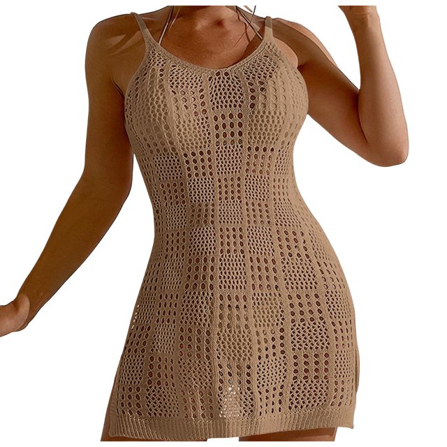 Youmylove Robe de Plage pour Femmes, Courte, à la Mode, Col Rond, Ajourée, Texture Fine, Bretelles Aguichant, Mini Robe de Plage