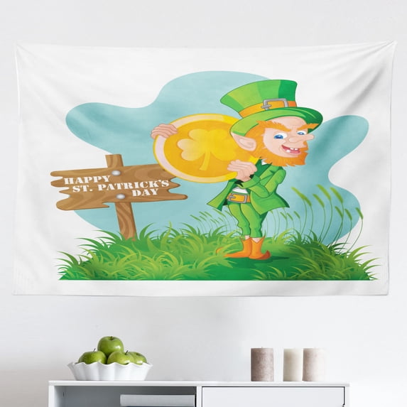 St. Patrick's Day Tapestry, March 17th Celebration Large Shamrock Clover Leaf Flags Art, Fabric Wall Hanging Decor for Bedroom Living Room Dorm, 2 Sizes, Olive and Fern Green, by Ambesonne