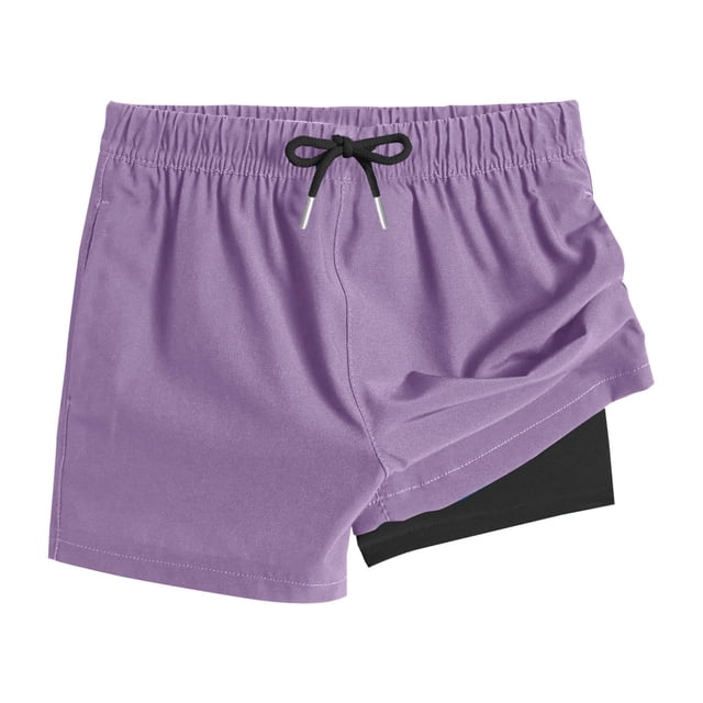 Swstbby Summer Savings Clearance! Boys Girls Summer Shorts, Children's Solid Color Double-layer Swimming Trunks with Pockets Lightweight Breathable Purple 10-11 Years