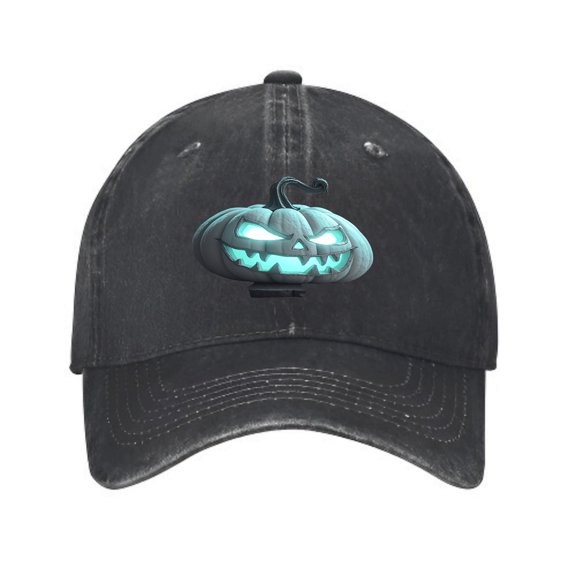 Vintage Distressed Black Baseball Cap with Glowing Pumpkin Graphic - Men’s & Women’s Golf Dad Hat