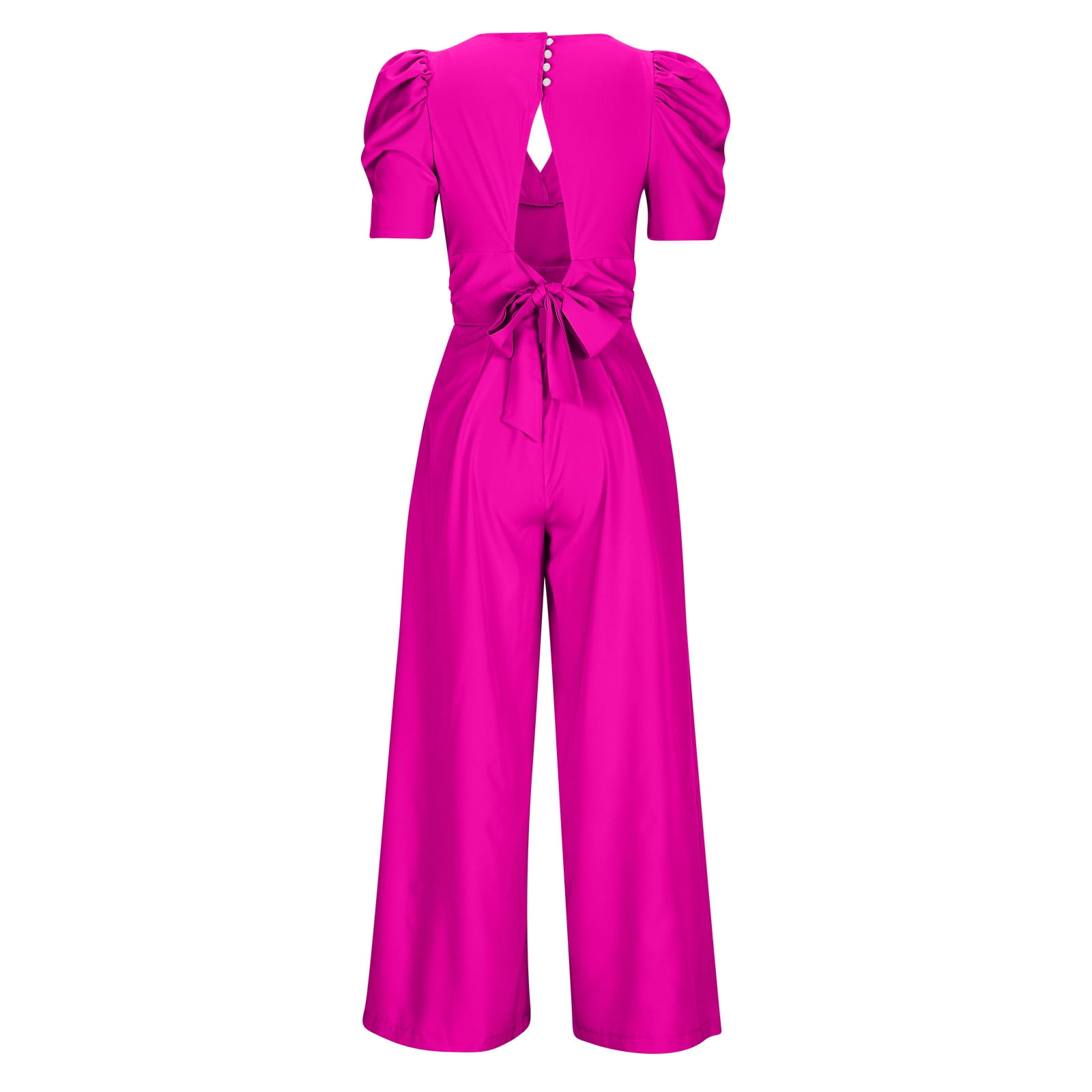 Puff Sleeve Jumpsuits for Women Dressy Sexy Deep V Neck Wide Leg Romper One Piece Formal Business Party Long Pants