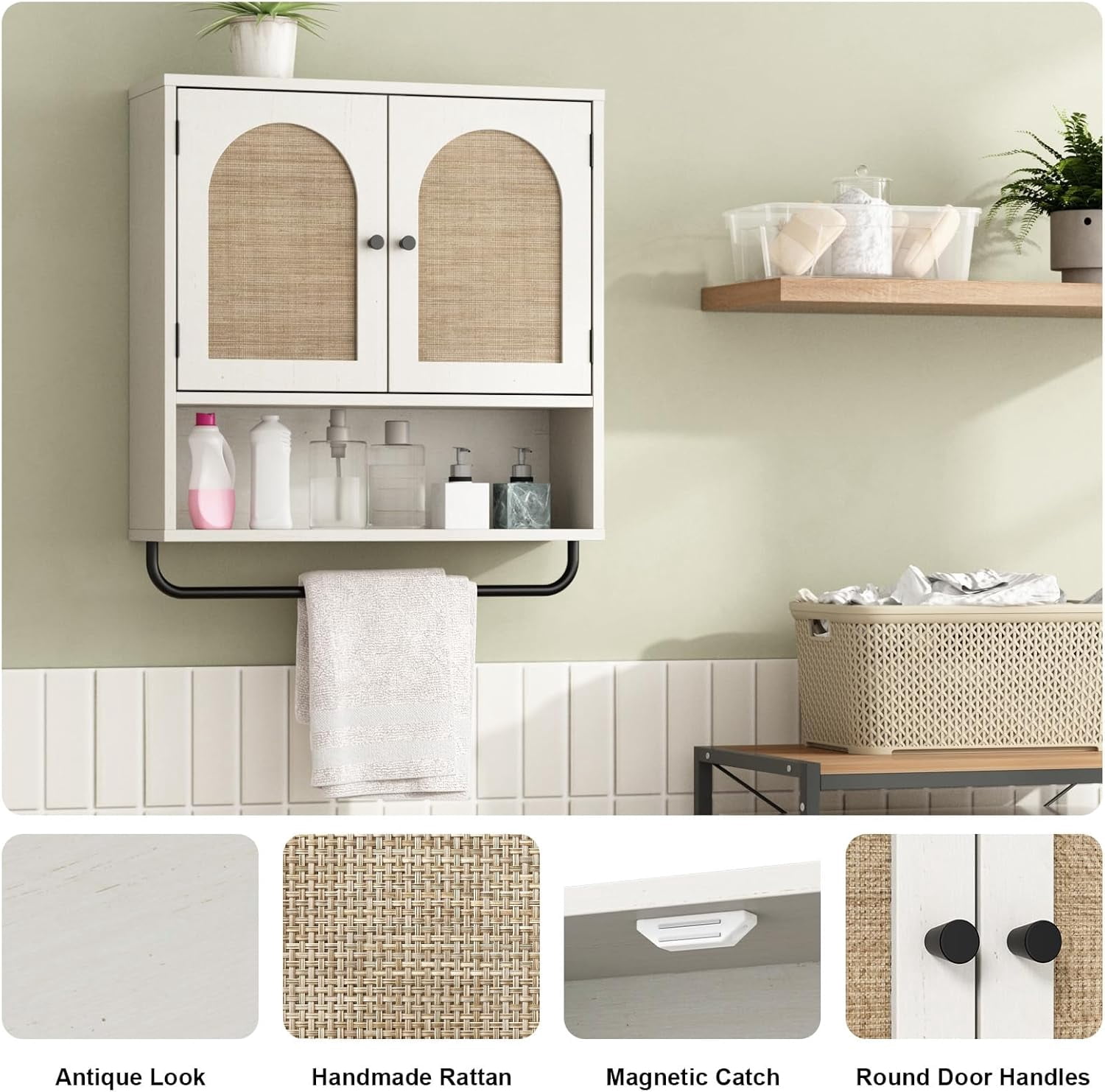Rattan Bathroom Wall Cabinet,  Medicine Cabinet with 2 Arched Doors, Farmhouse Over The Toilet Storage Cabinets with Adjustable Shelves & Towel Bar, 3-Tier Wall Mounted Cabinets
