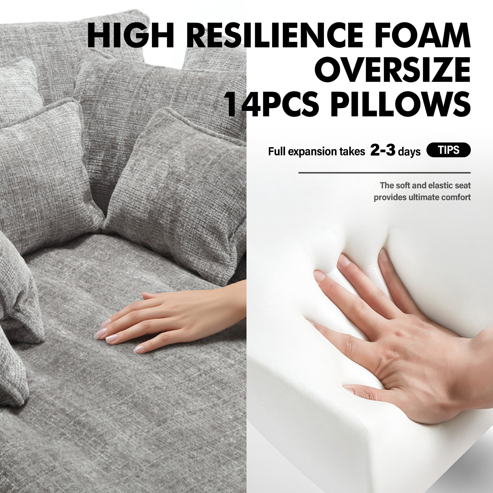 Aukfa 81" Oversized Round Chaise Lounge Sofa Bed, Modern Chenille Cloud Couch with Deep Seat, 14 Pillows, Assemble-Free, Light Gray