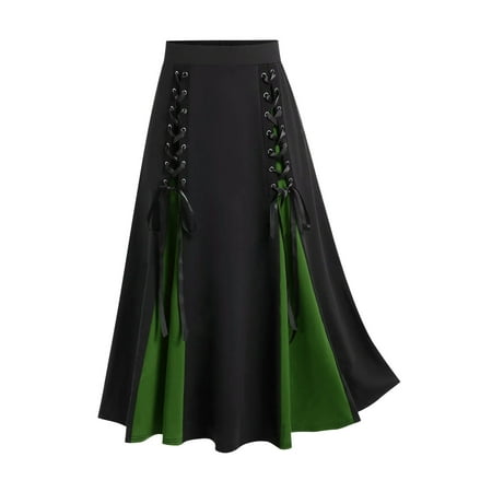 SZJXBUY Womens Skirt Long Fall Gothic Lace Up Two Tone Godet Hem Midi A Line High Waisted Skirt Vintage Steampunk Medieval Renaissance Pirate Skirts Green M