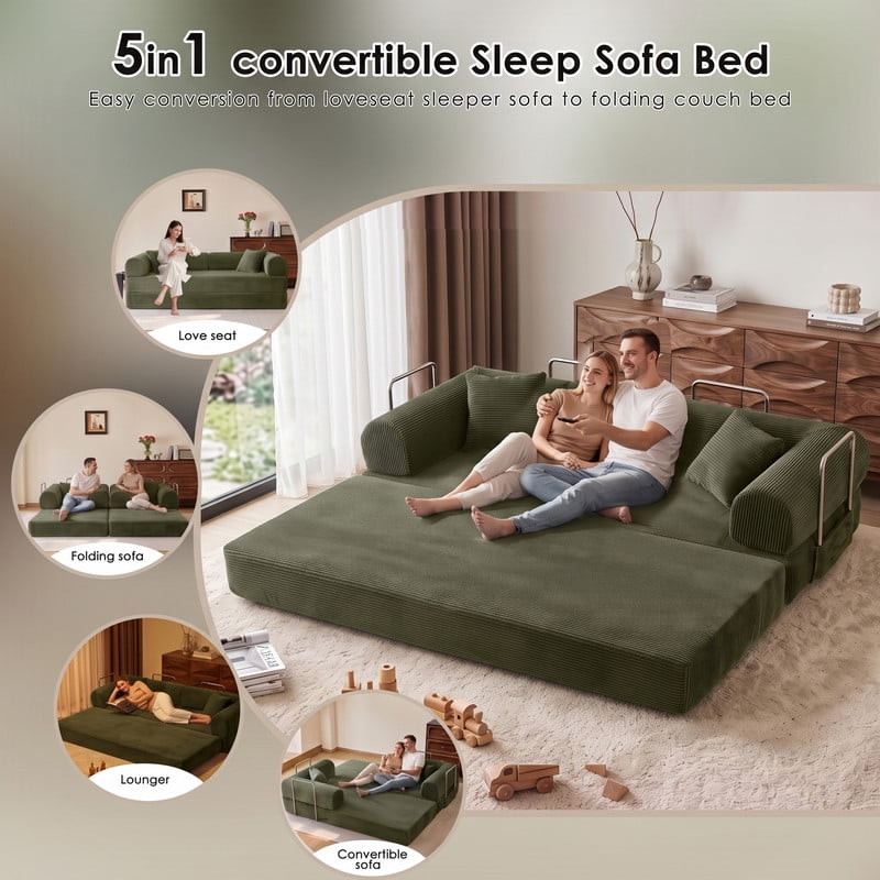 Anpport 78.8" Compression Boneless Sectional Sofa, Convertible Floor Sleeper Bed with Pillow Back Armrest, Corduroy Fabric, Green, for Living Room Bedroom