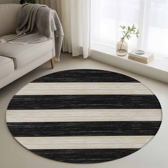 Round Area Rug 3 Ft, Black White Striped Washable Non-Slip Circle Carpet for Living Room/Bedroom, Farmhouse Vintage Shabby Chic Wood Grain Low-Profile Small Floor Mats Collection Rugs for Indoor