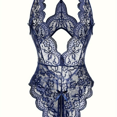 hghfhj Hot Floral Lace Scallop Trim Teddy Deep V Cut Out Open Crotch Bodysuit Womens Sexy Lingerie & Underwear