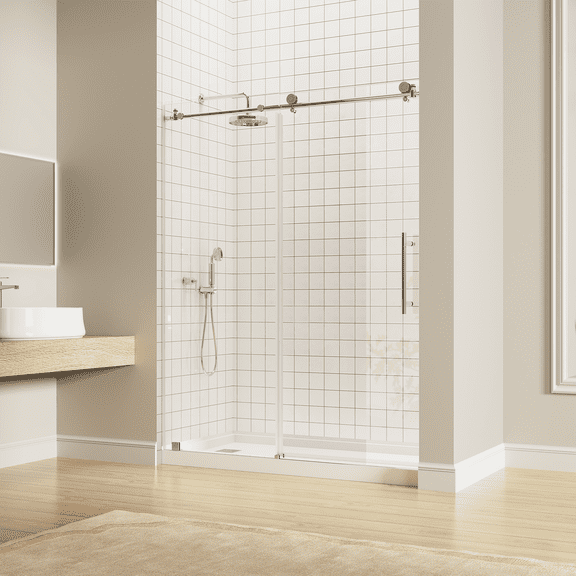 KOSMONIA Frameless Sliding Shower Door 56-60" W x 74" H,Bathroom Sliding Door with 5/16" (8mm) Clear Nano Easy Clean Coating Tempered Glass,Glass Shower Door Seal Strip,Stainless Steel,Color Silver