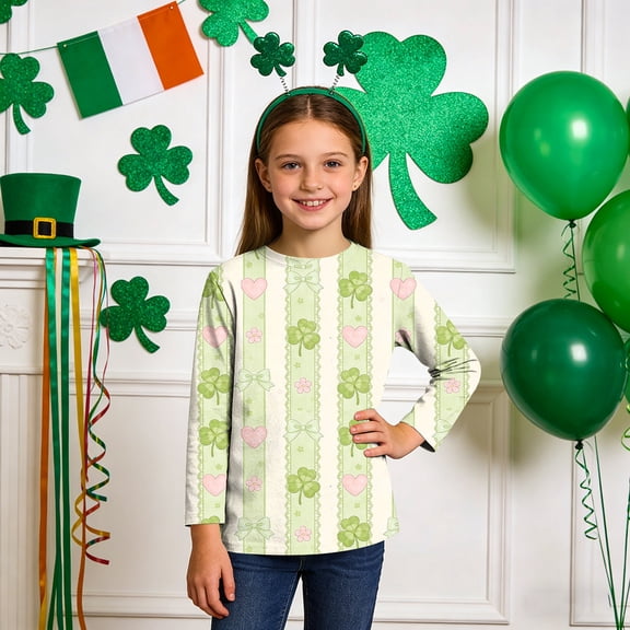 BaoFuBaoMei Crew Neck Shirts for Boys Girls St Patricks Day Striped Long Sleeve Pullover Tops Slim Fall Outfits for Irish Festival Themed Party