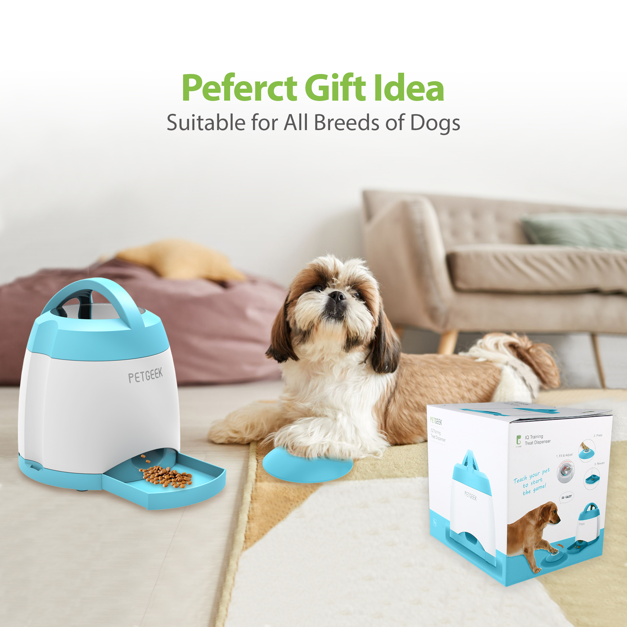 PETGEEK Automatic Dog Treat Dispenser, Interactive Pet Toy Food Dispensing for IQ Training, Dog Food Dispenser with Button Remote Push, Dual Power Supply for Indoor
