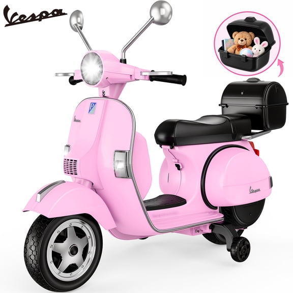 Vespa Officially Licensed 12V Kids Ride On Motorcycle, Dual 100W Motors Electric Scooter with Training Wheels, PU Seat, Storage Trunk, Music & LED Lights, Ages 3-6, Pink