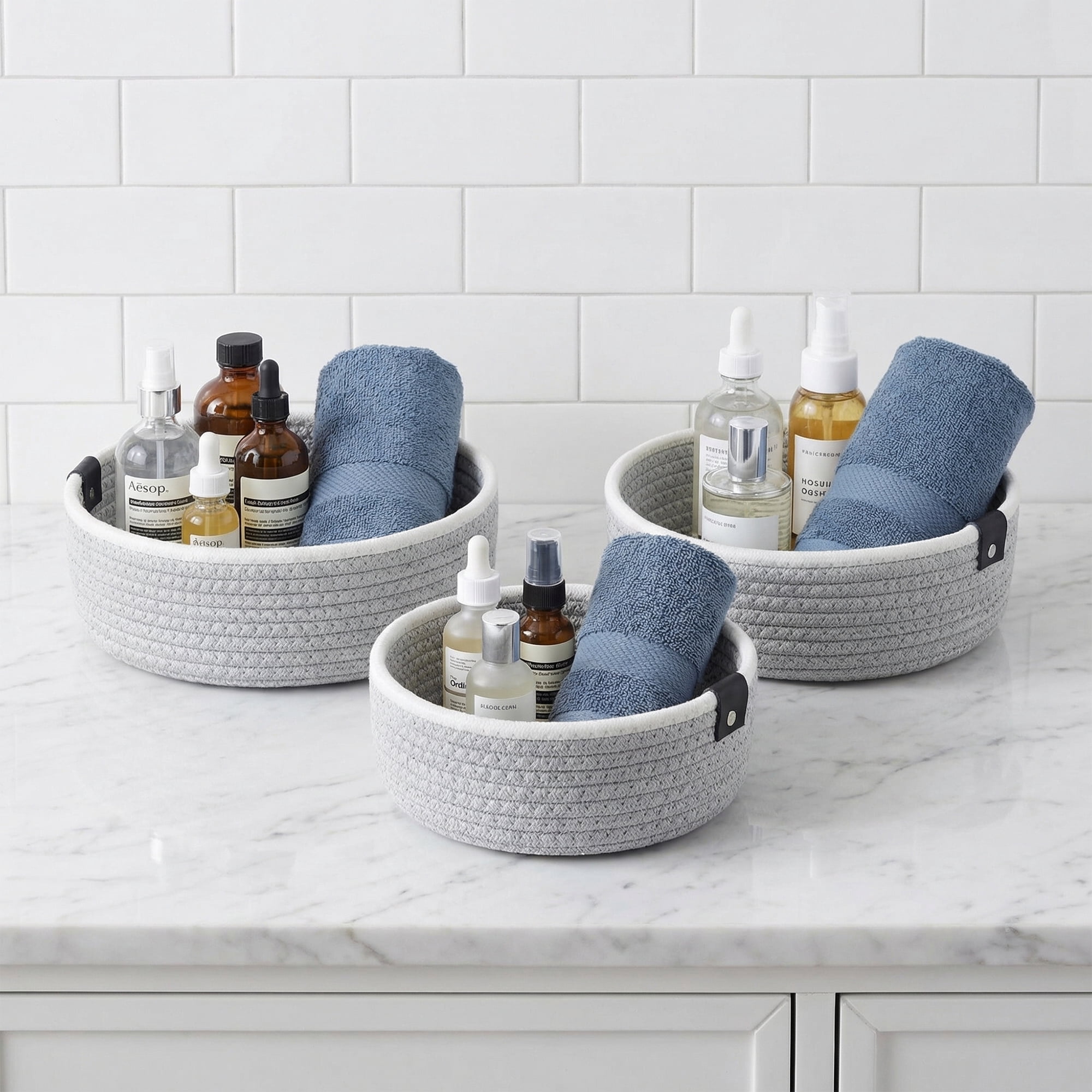 Unique Bargains 3pcs Woven Storage Basket for Key Tray Bowl Grey 3pcs