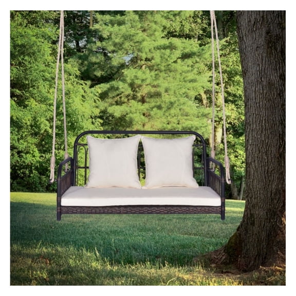 Wicker Hanging Porch Swing with Cushions, 2-Person Outdoor Patio Swing Chair, 880lbs Capacity, Durable PE Wicker, Removable Cushions for Garden Backyard