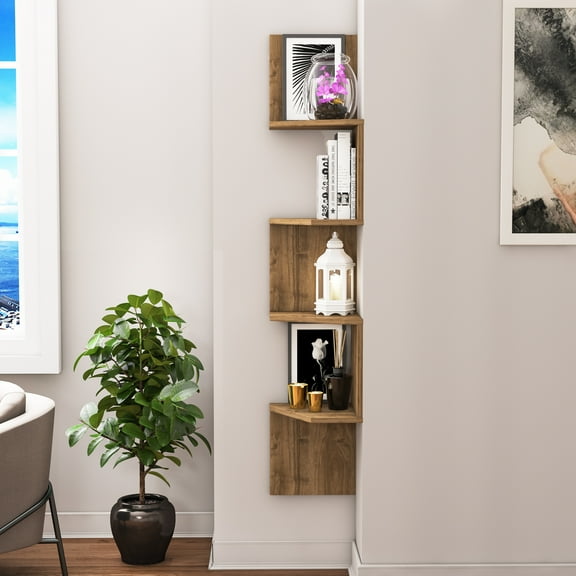 Desaldo 61" Tall Modern Wood Floating Shelf Walnut Veneer 4 Shelf