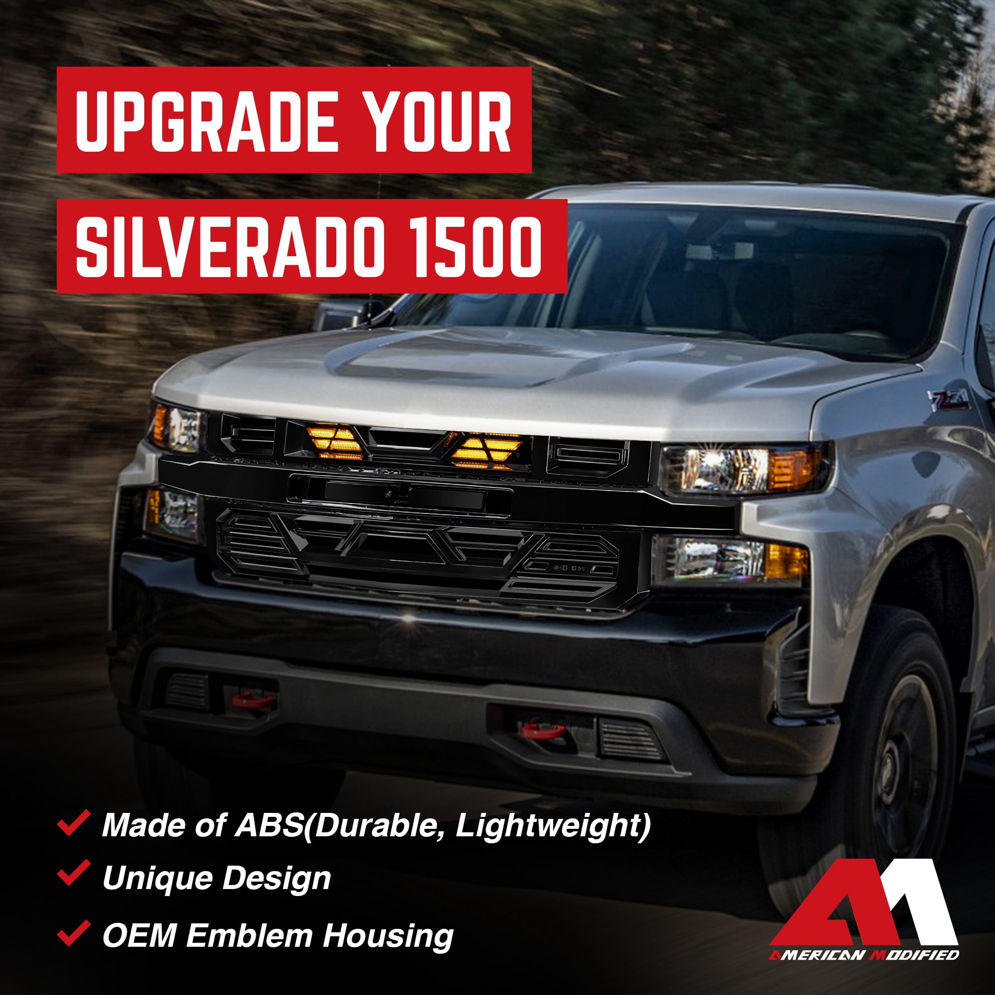 AMERICAN MODIFIED Grille w/LEDs for 19-21 Chevy Silverado 1500, Gloss Black