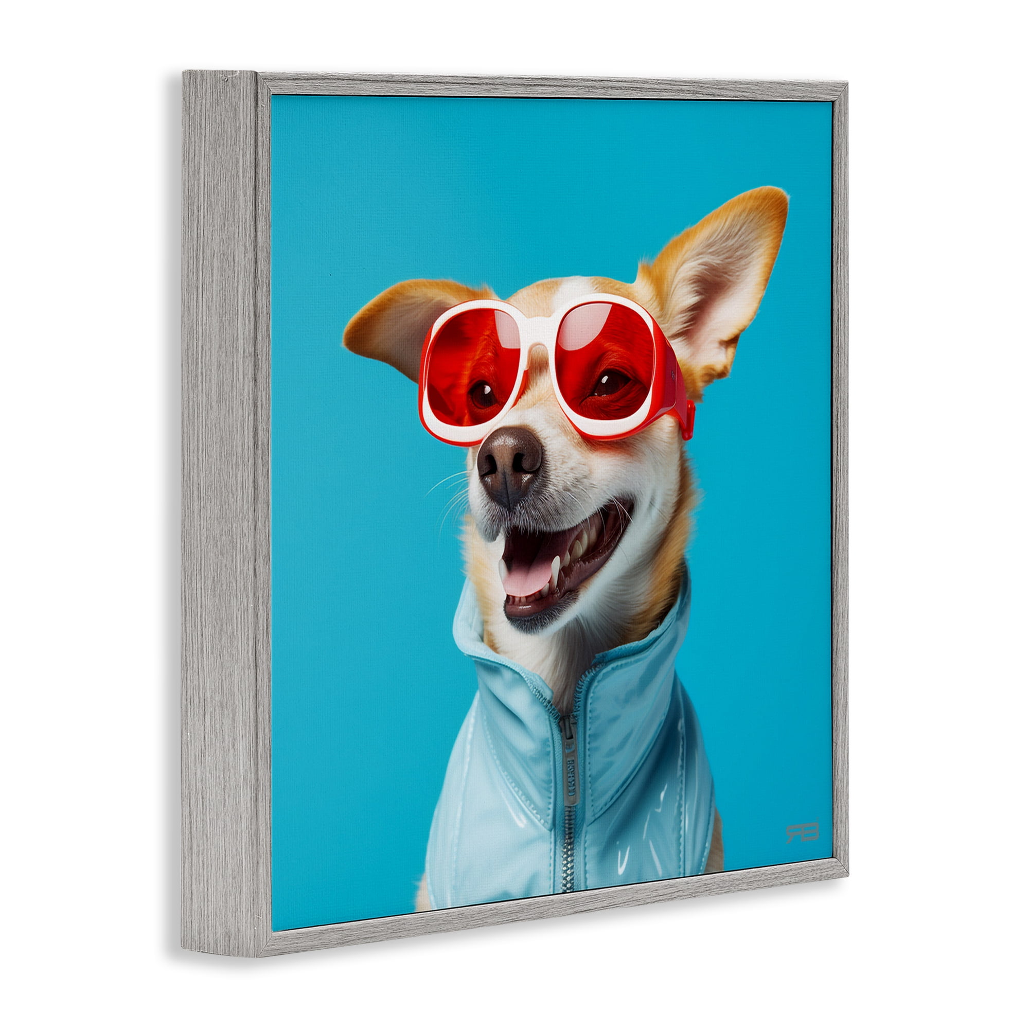 Stupell Industries Stylish Dog on Blue Animals & Insects Painting Gray Framed Art Print Wall Art, 12 x 12